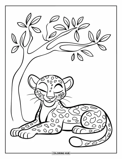 Desenho de leopardo para colorir para crianças: Leopardo sorridente de olhos fechados relaxa sob uma pequena árvore com folhas