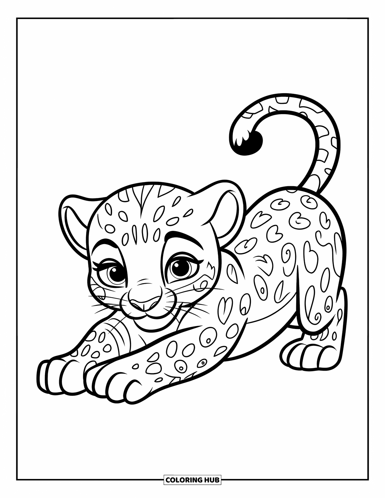 Leopard Coloring Page for Kids: Stretching leopard cub smiles playfully on a blank background
