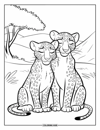Desenho de leopardo para colorir para crianças: Dois leopardos irmãos sentam juntos em um gramado macio