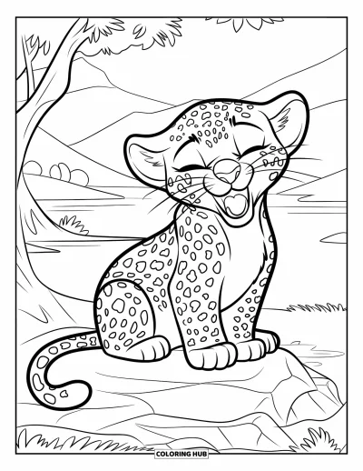 Desenho de leopardo para colorir para crianças: Filhote de leopardo boceja e estica o rabo sentado em uma pedra