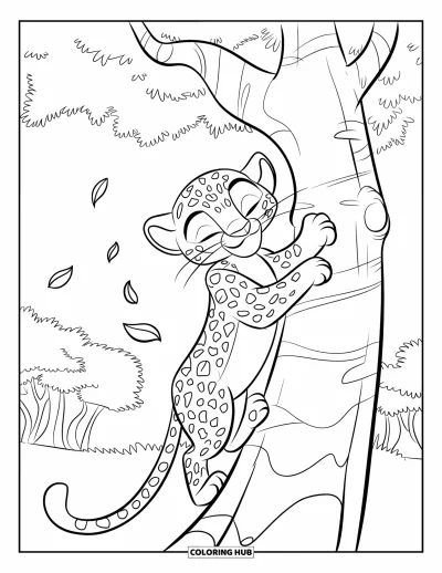 Desenho de leopardo para colorir para crianças: Leopardo jovem sobe até a metade de uma árvore com folhas caindo ao redor