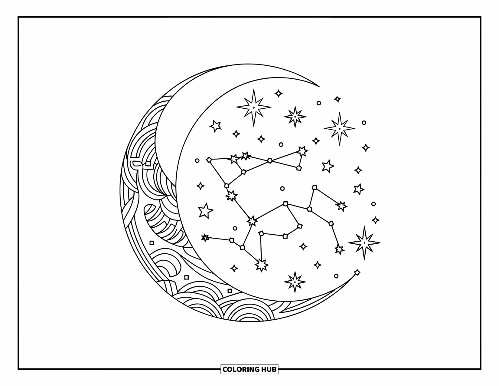 Letter C Coloring Page for Adults: A crescent moon and constellations flow through a celestial-shaped letter C