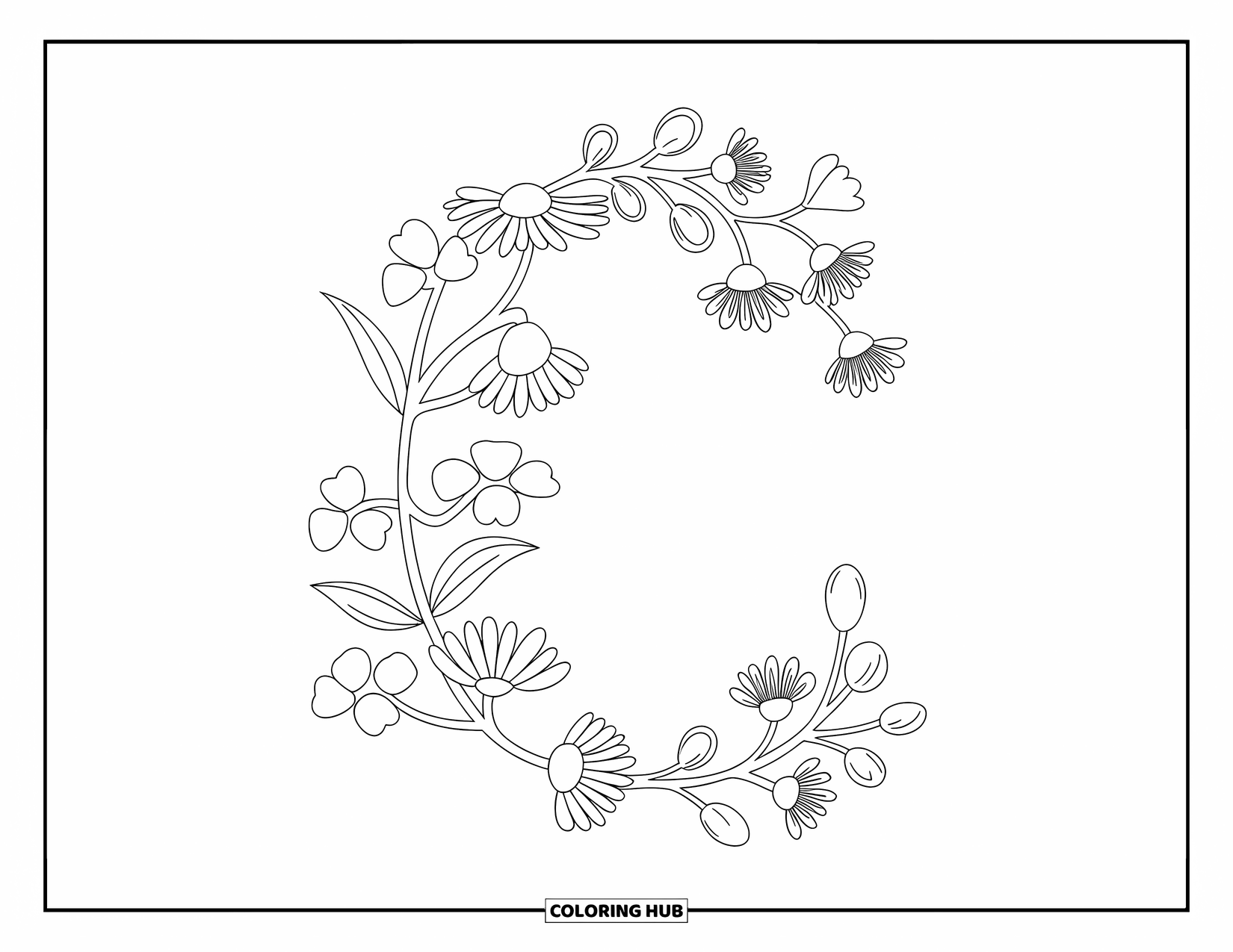 Letter C Coloring Page for Adults: Botanical letter C made of cherry blossoms, chamomile, and clover