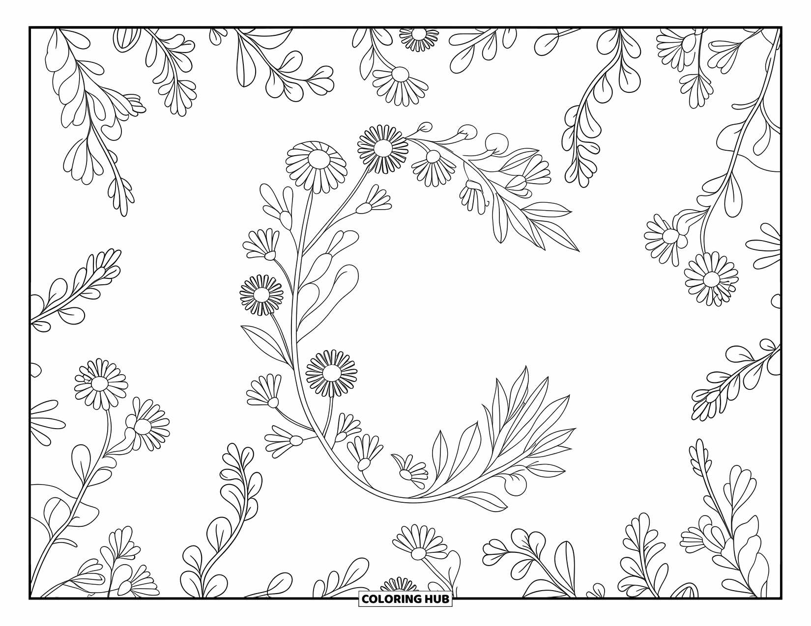 Letter C Coloring Page for Adults: C-shaped floral design surrounded by repeating blossoms and leaves