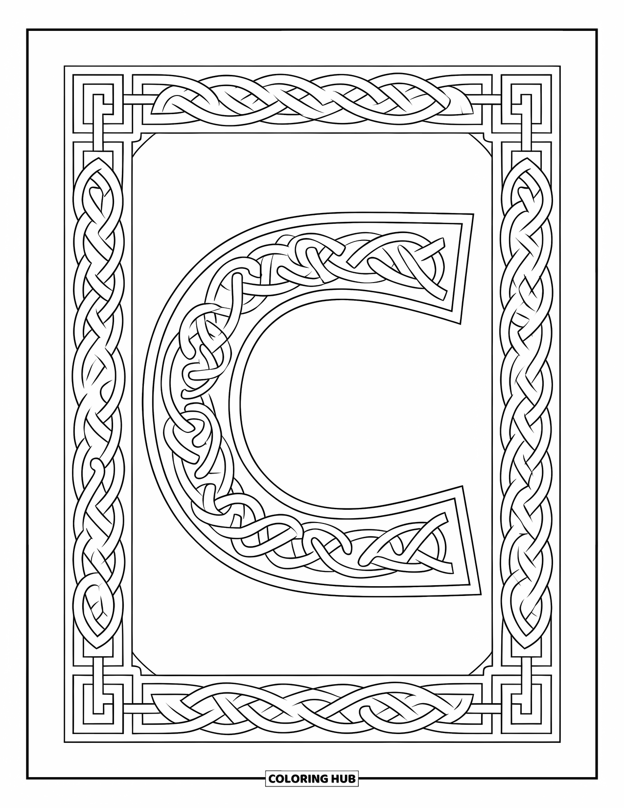 Letter C Coloring Page for Adults: Celtic-style letter C with woven borders and intricate knotwork patterns