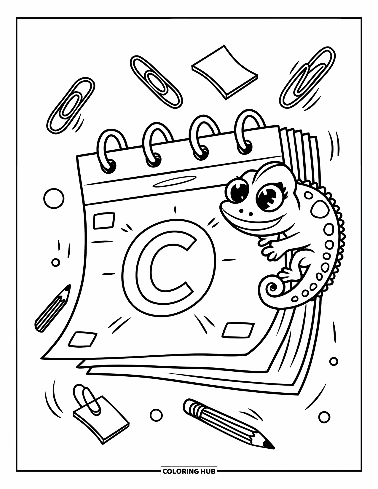 Letter C Coloring Page for Adults: Chameleon holds up a calendar with C circled and fun little supplies floating around