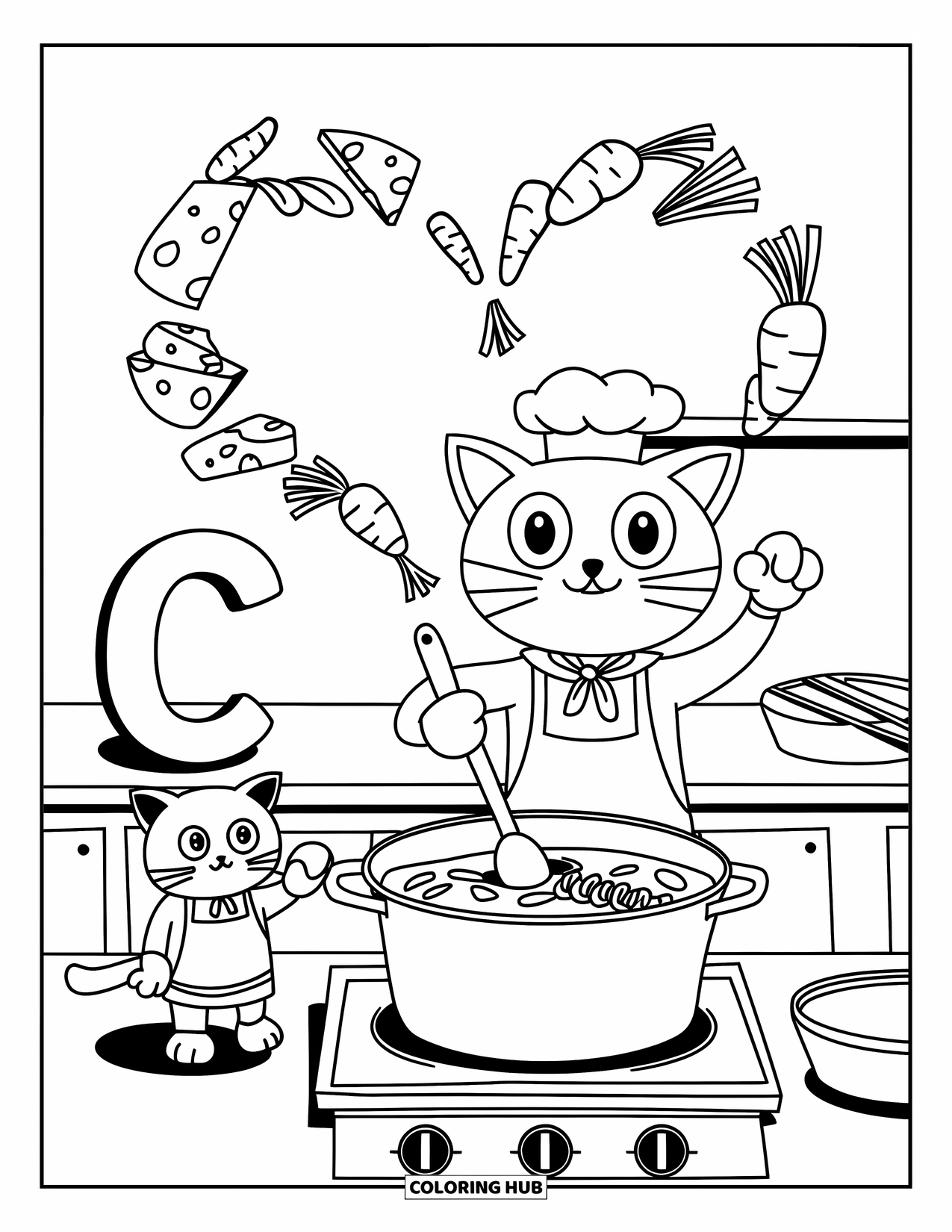 Letter C Coloring Page for Adults: Chef cat stirs noodles as letter C stands nearby in a tiny apron
