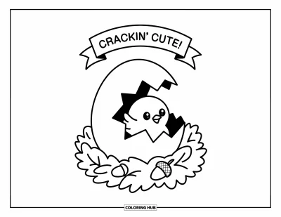 어른을 위한 C 글자 색칠공부: 병아리가 C 모양 달걀에서 부화하며 "Crackin' Cute!" 현수막이 있는 둥지 그림