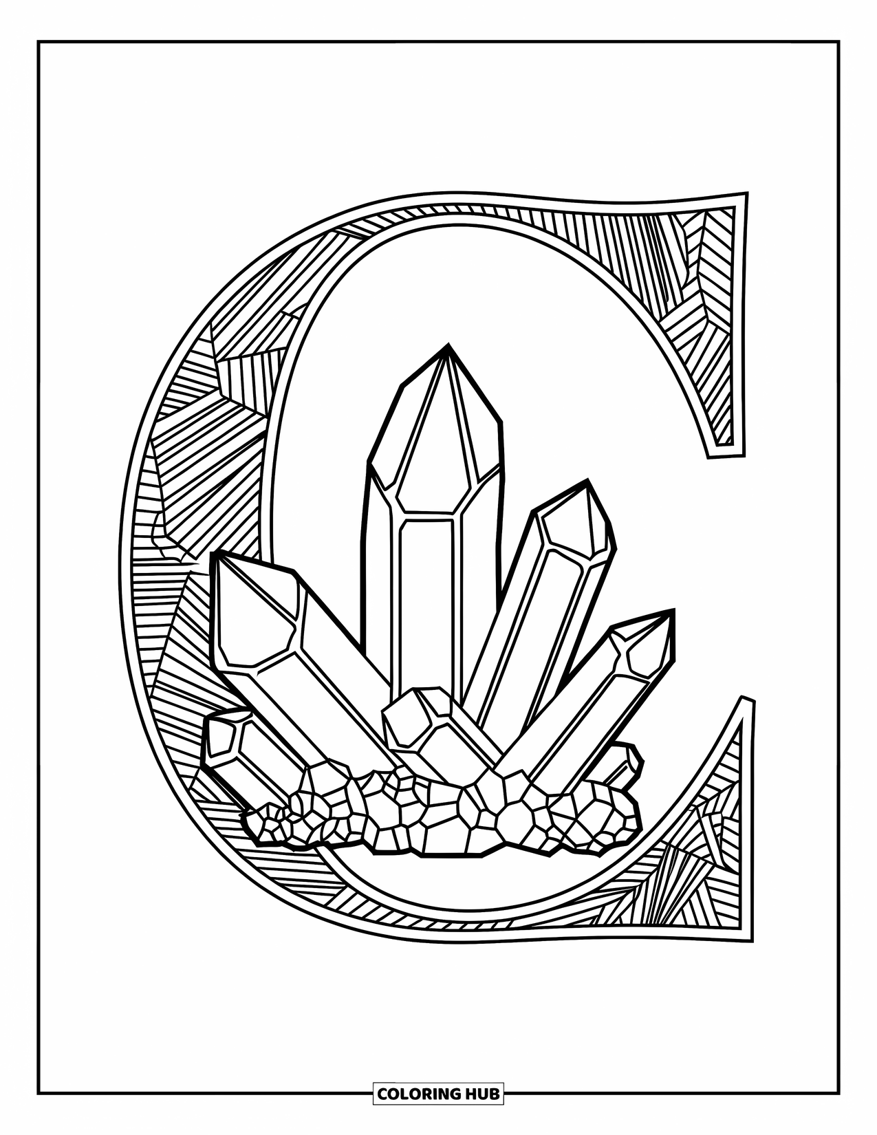 Letter C Coloring Page for Adults: Crystal cluster rises from a detailed letter C with artistic geometric patterns