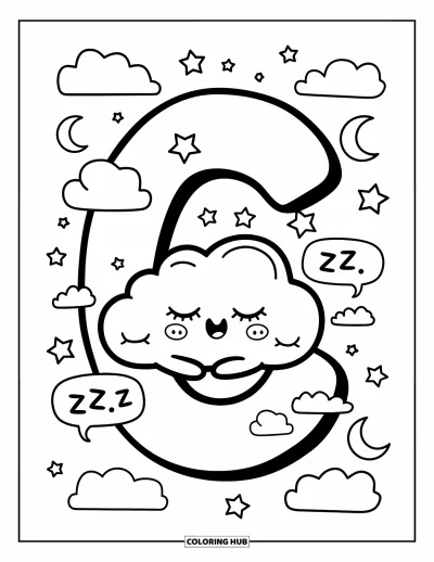 어른을 위한 C 글자 색칠공부: 조는 구름이 C를 껴안고 별, 달, 꿈결 같은 "Zzz" 거품이 주변에 떠 있는 그림