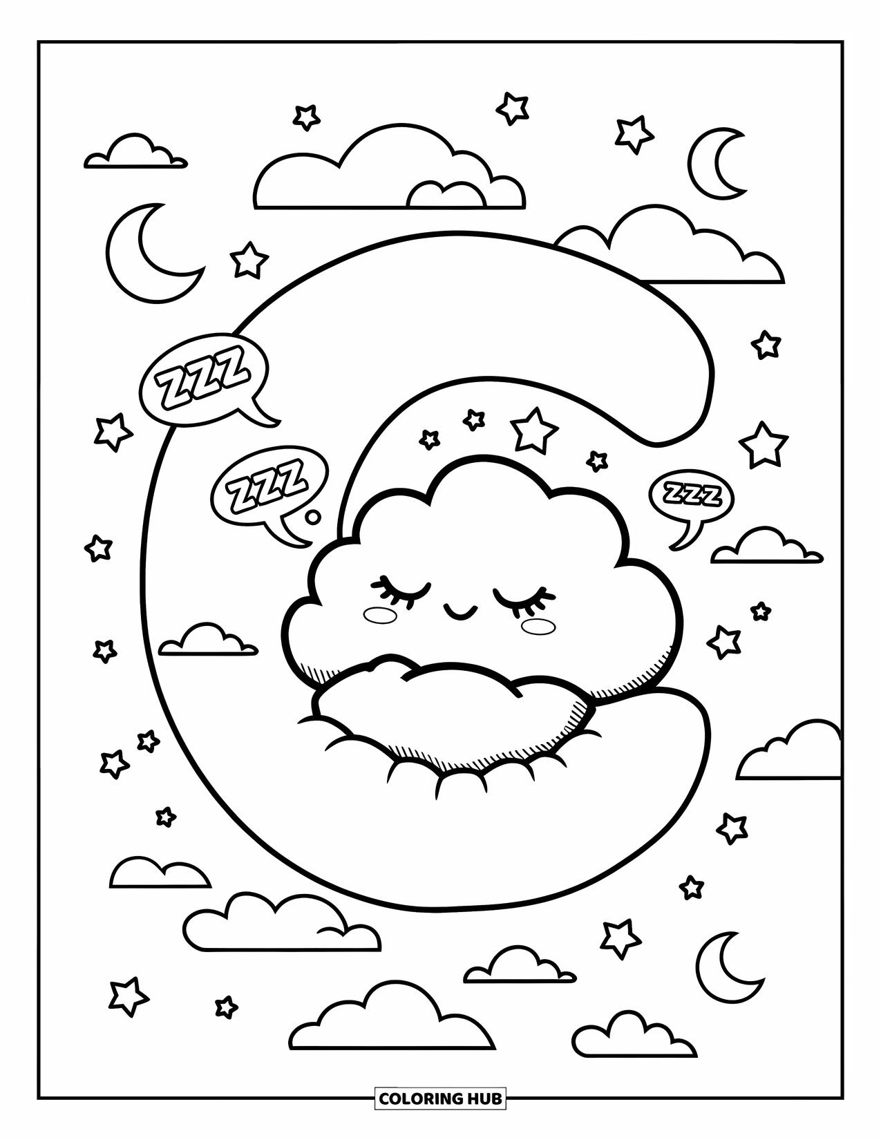 Letter C Coloring Page for Adults: Dozing cloud cuddles C while surrounded by stars, little clouds, and dreamy ìZzzî puffs