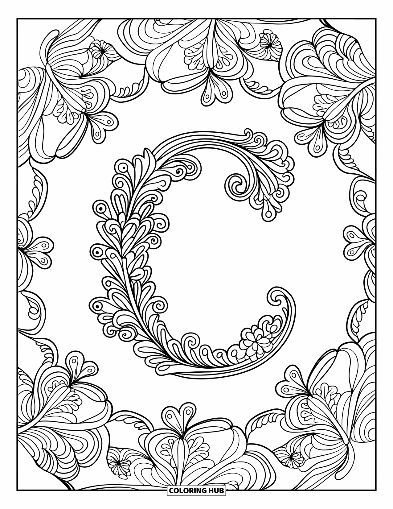 Letter C Coloring Page for Adults: Floral letter C blooms at the heart of a mandala with intricate leaves and vines