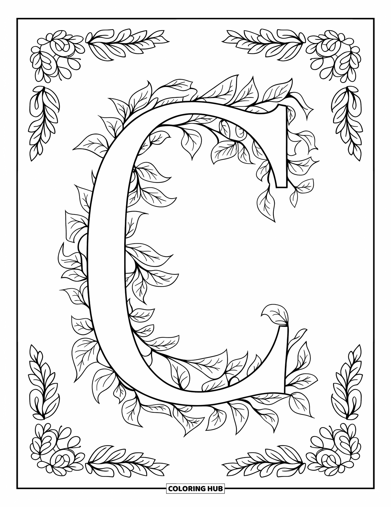 Letter C Coloring Page for Adults: Floral vines twist around a large C with decorative borders and leaf patterns