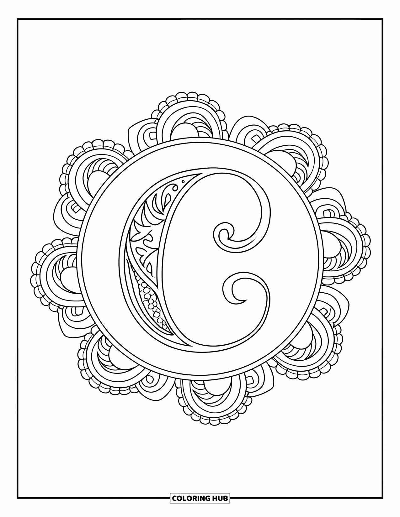 Letter C Coloring Page for Adults: Flowing calligraphy C wrapped in a decorative, detailed paisley frame