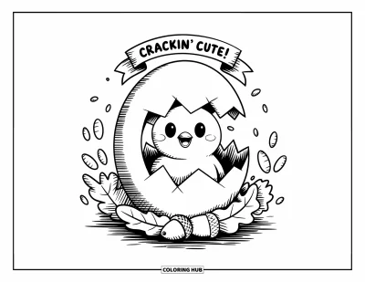 어른을 위한 C 글자 색칠공부: C 달걀 둥지 속 행복한 병아리와 도토리, "Crackin' Cute!" 현수막이 있는 그림