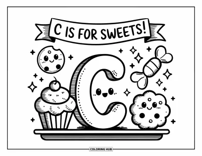 어른을 위한 C 글자 색칠공부: 빵집 선반의 C 글자와 귀여운 간식들, "C is for sweets!" 현수막이 있는 그림