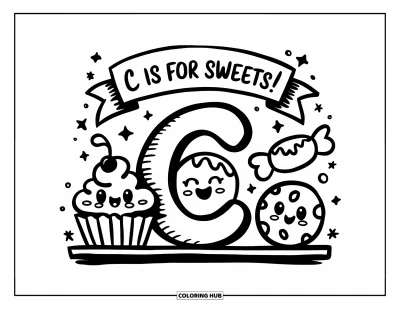 어른을 위한 C 글자 색칠공부: C 글자가 달콤한 간식과 반짝이 아래 장난스러운 "C is for sweets!" 현수막과 함께 있는 그림