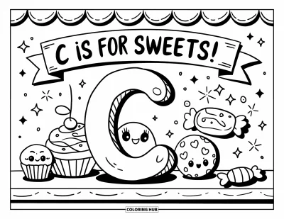 어른을 위한 C 글자 색칠공부: 웃는 C 글자가 컵케이크, 쿠키, 사탕과 "C is for sweets!" 표지판과 함께 있는 그림