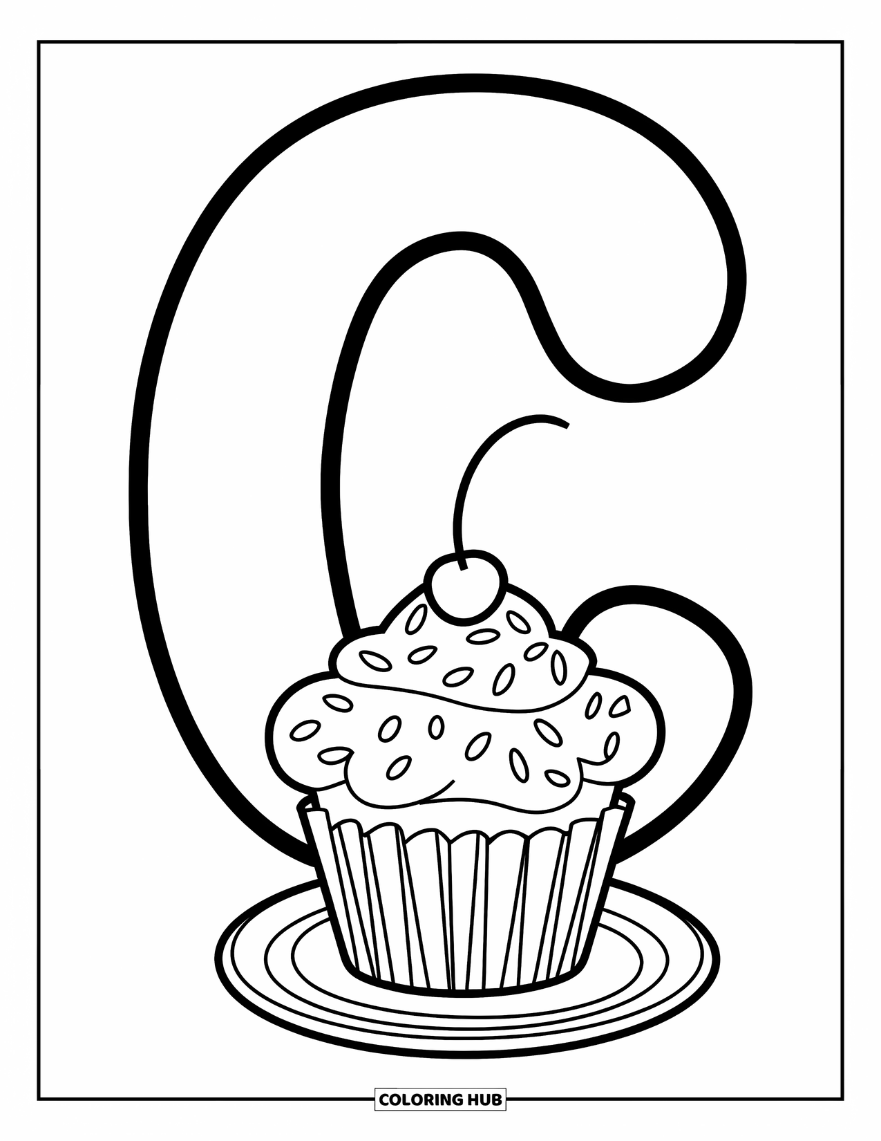 Letter C Coloring Page for Kids: Adorable cupcake with sprinkles rests near a big, bold letter C