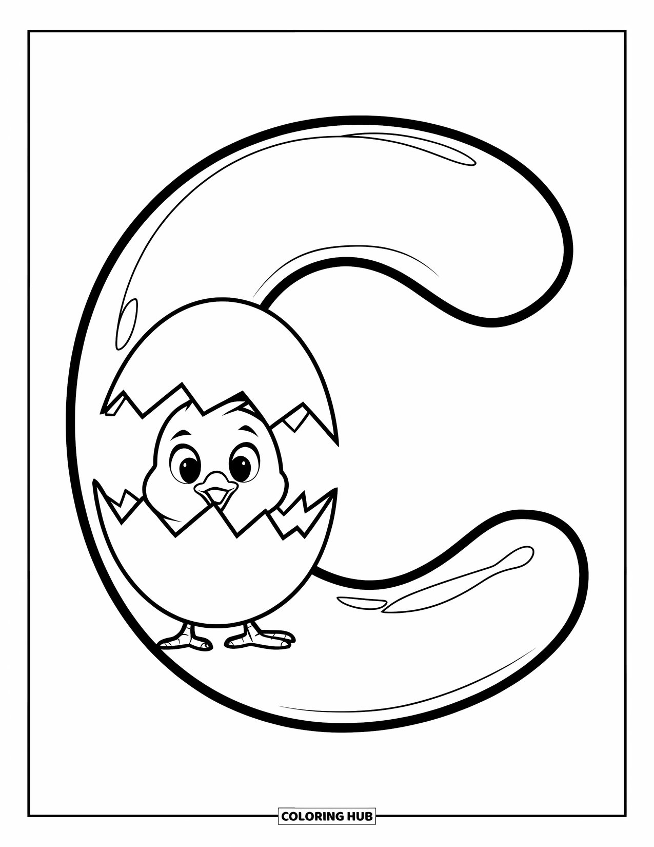 Letter C Coloring Page for Kids: Balloon-shaped C holds a cracked eggshell with a curious chick peeking out