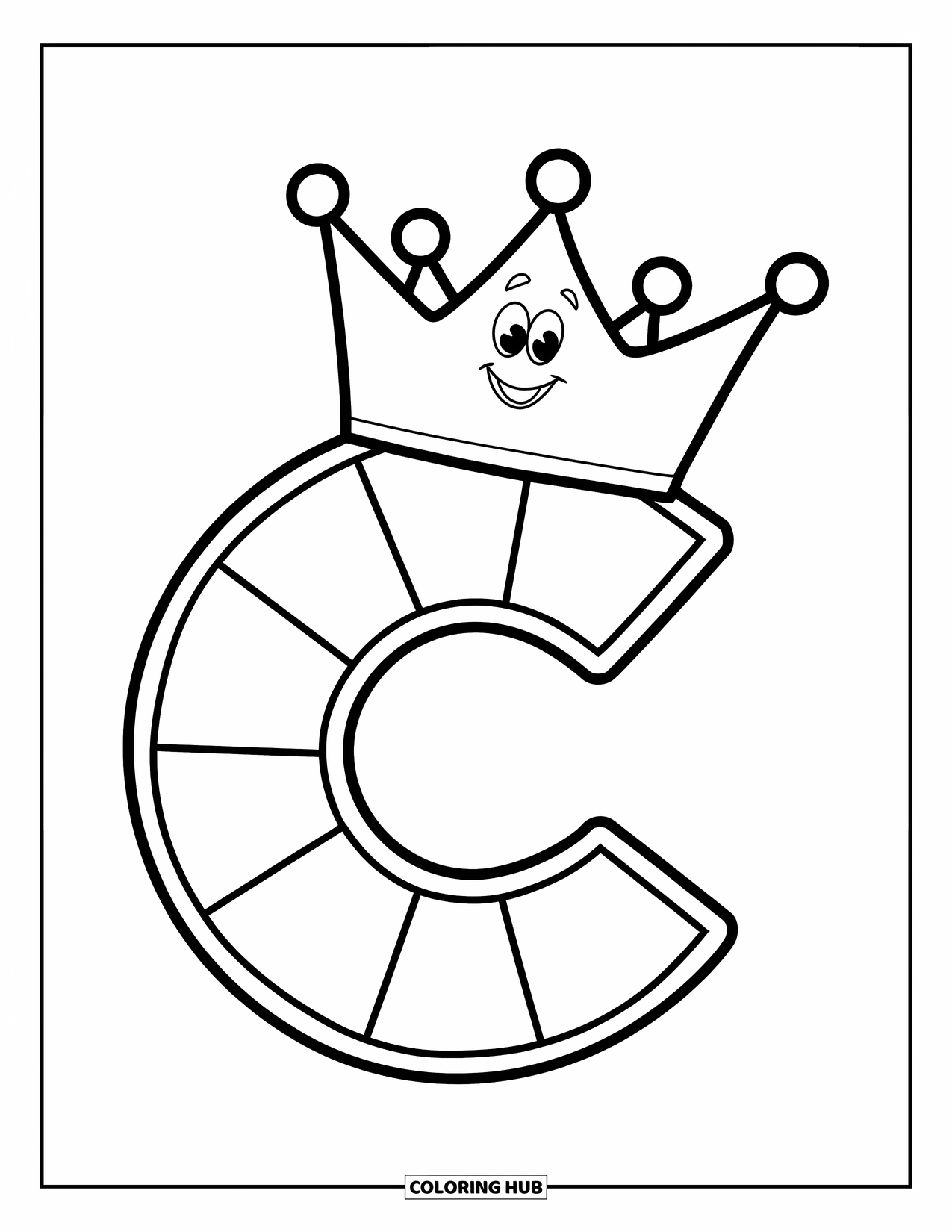 Letter C Coloring Page for Kids: Big C with a crown sits proudly, ready for little hands and big smiles