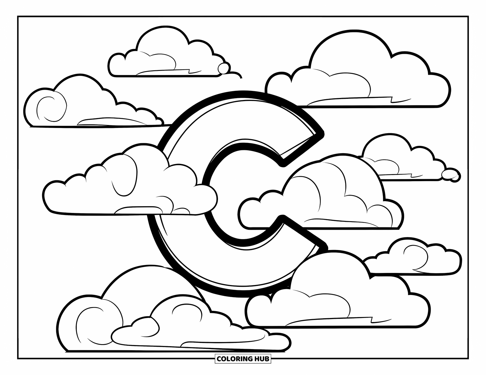 Letter C Coloring Page for Kids: Bold C is surrounded by round, puffy cartoon clouds of different sizes