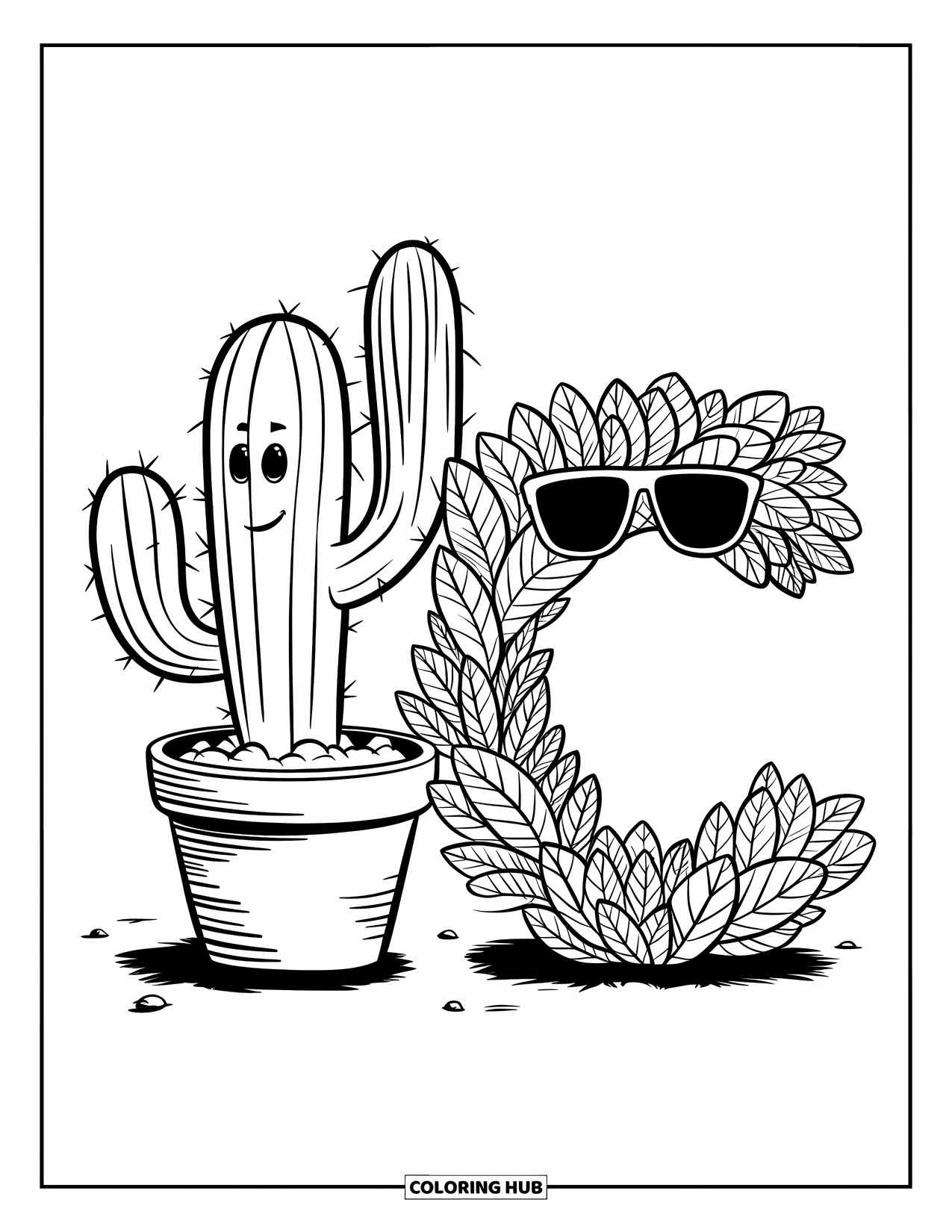 Letter C Coloring Page for Kids: Cactus with big arms rests beside a smiling leafy C wearing sunglasses