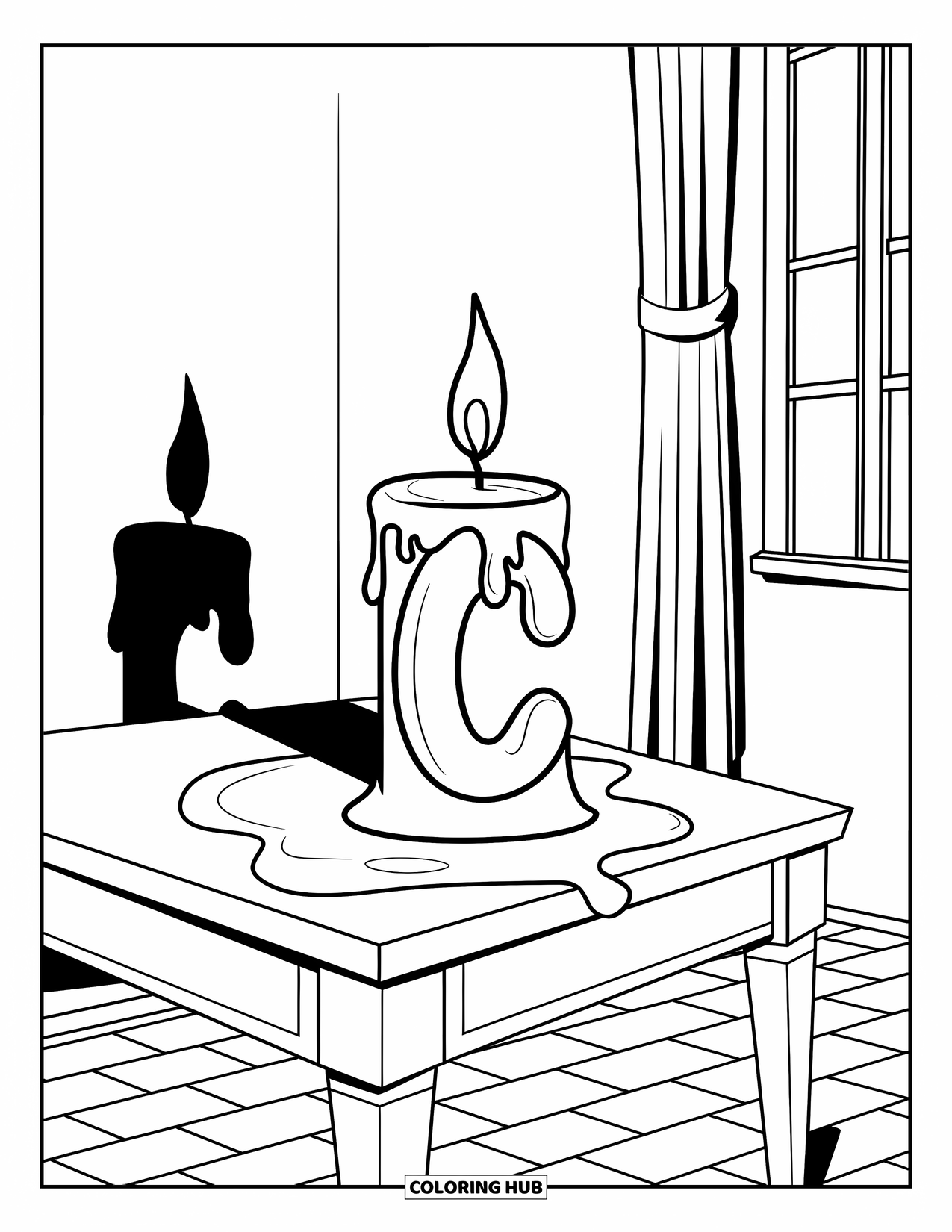 Letter C Coloring Page for Kids: Candle melts slowly on a table as wax forms the letter C