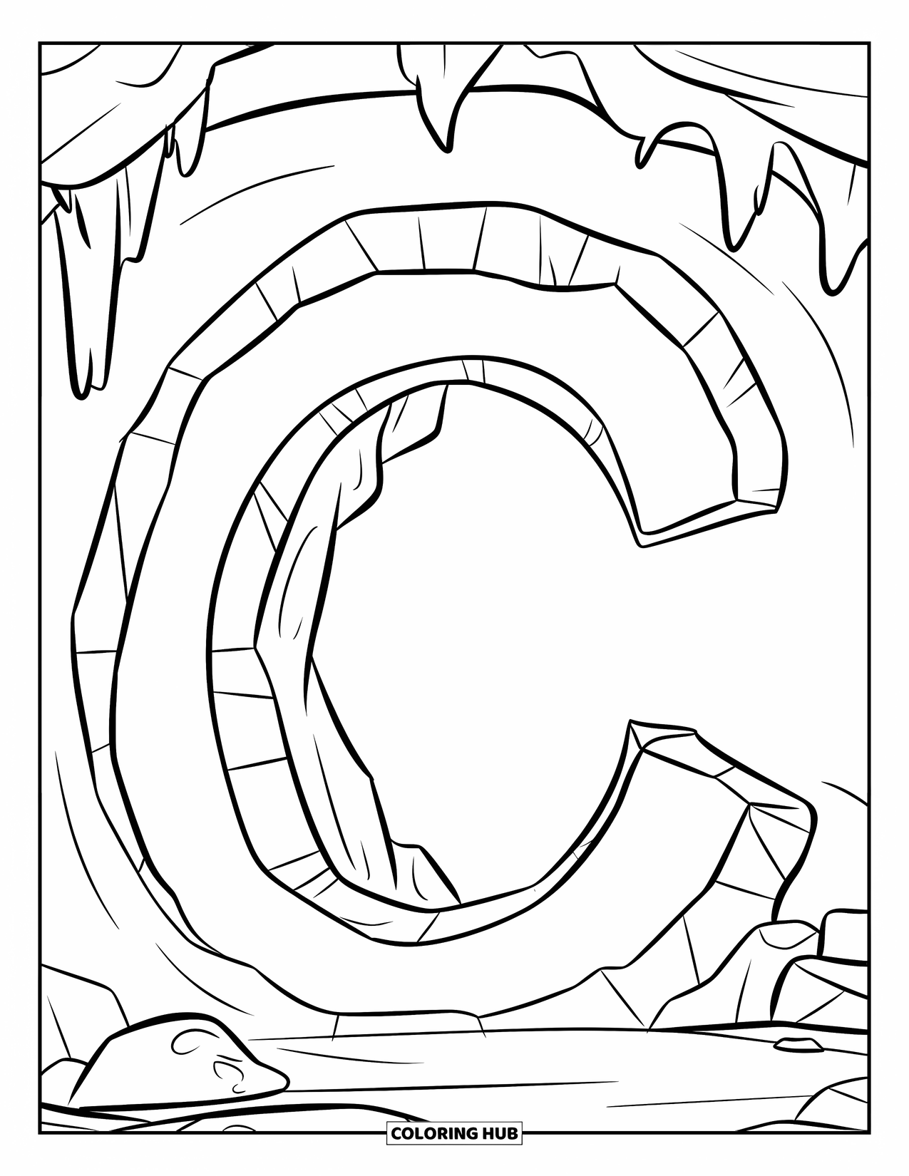 Letter C Coloring Page for Kids: Cave shaped like C with rocks above and a small round object nearby