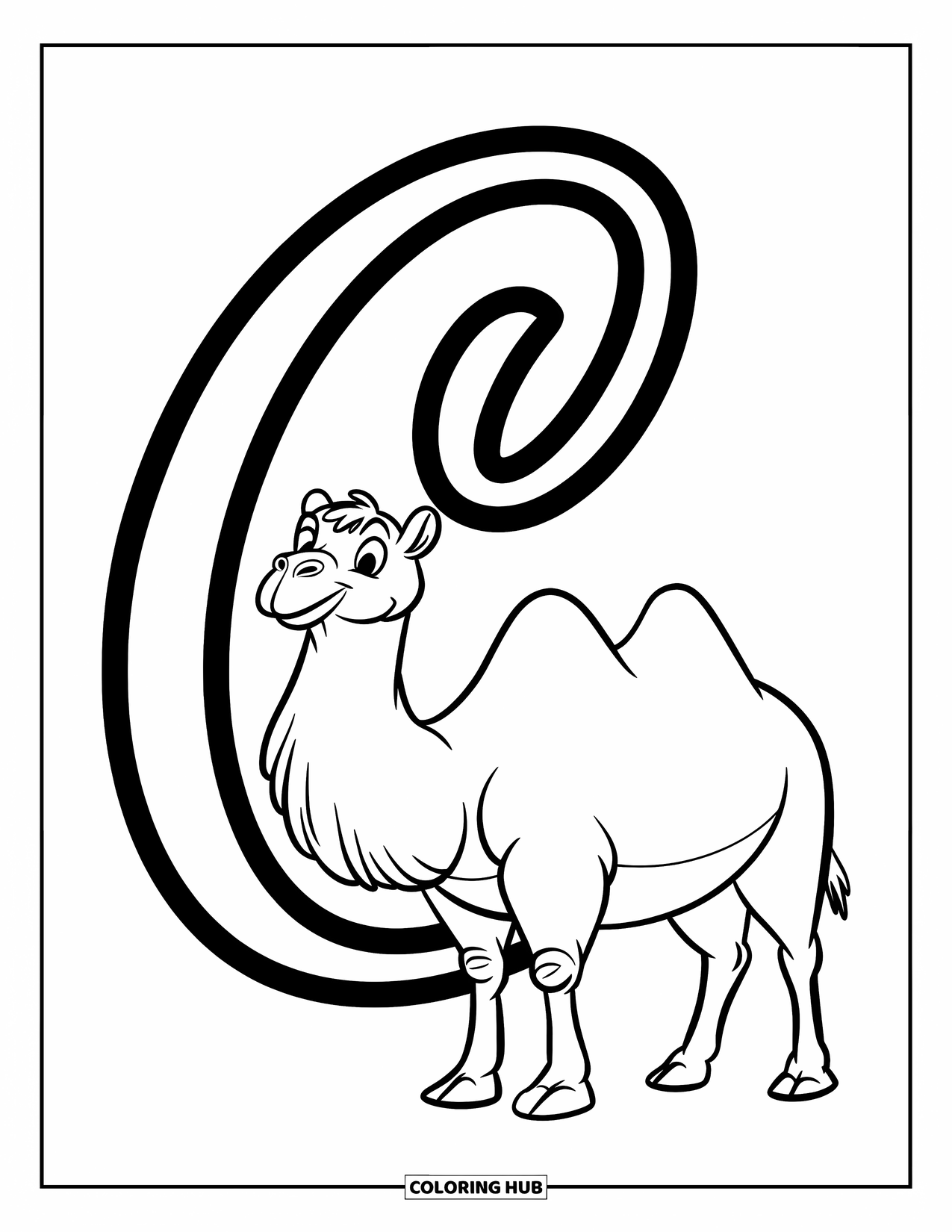 Letter C Coloring Page for Kids: Cheerful camel stands beside a big, swirly C with clean lines