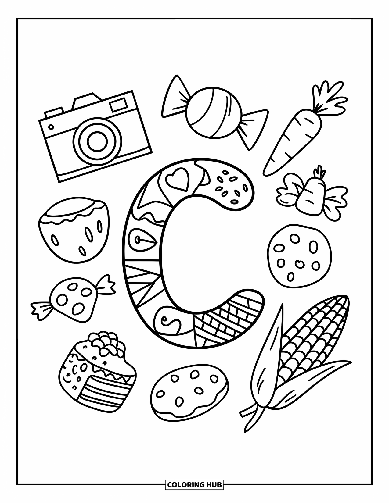Letter C Coloring Page for Kids: Chocolate letter C is surrounded by candy, cake, cookie, coconut, carrot, corn, and a camera