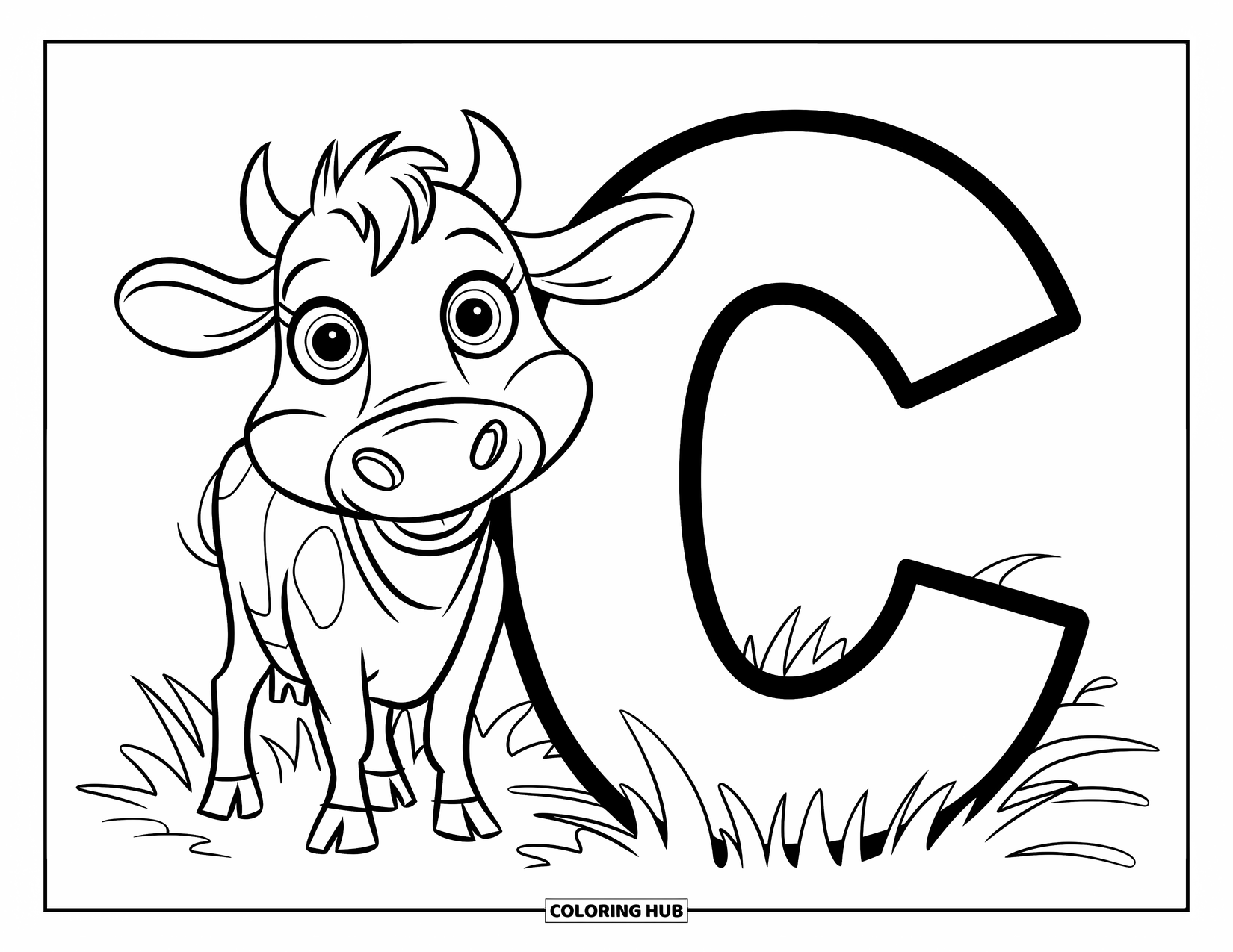 Letter C Coloring Page for Kids: Chunky letter C stands next to a happy cow with big eyes and a shirt