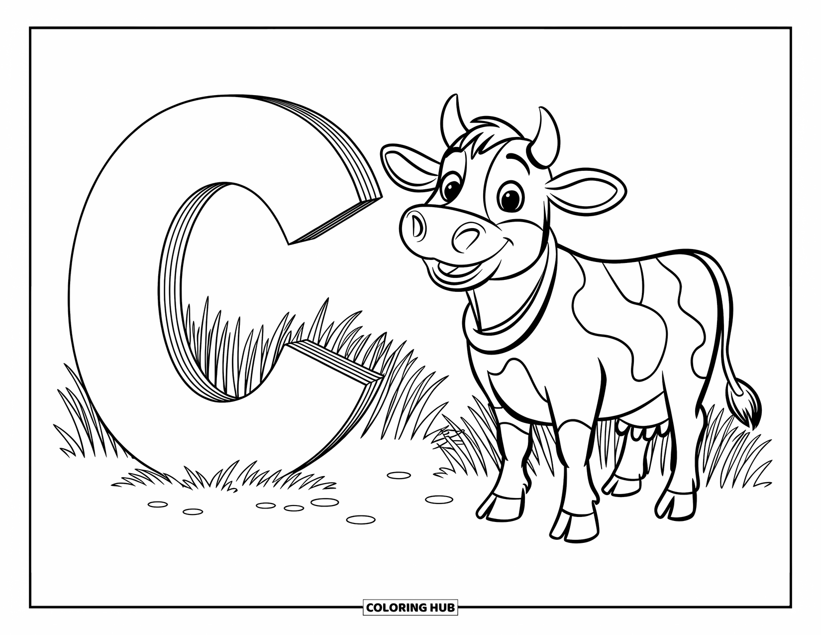 Letter C Coloring Page for Kids: Cow in a striped shirt stands by a big letter C on bumpy grass