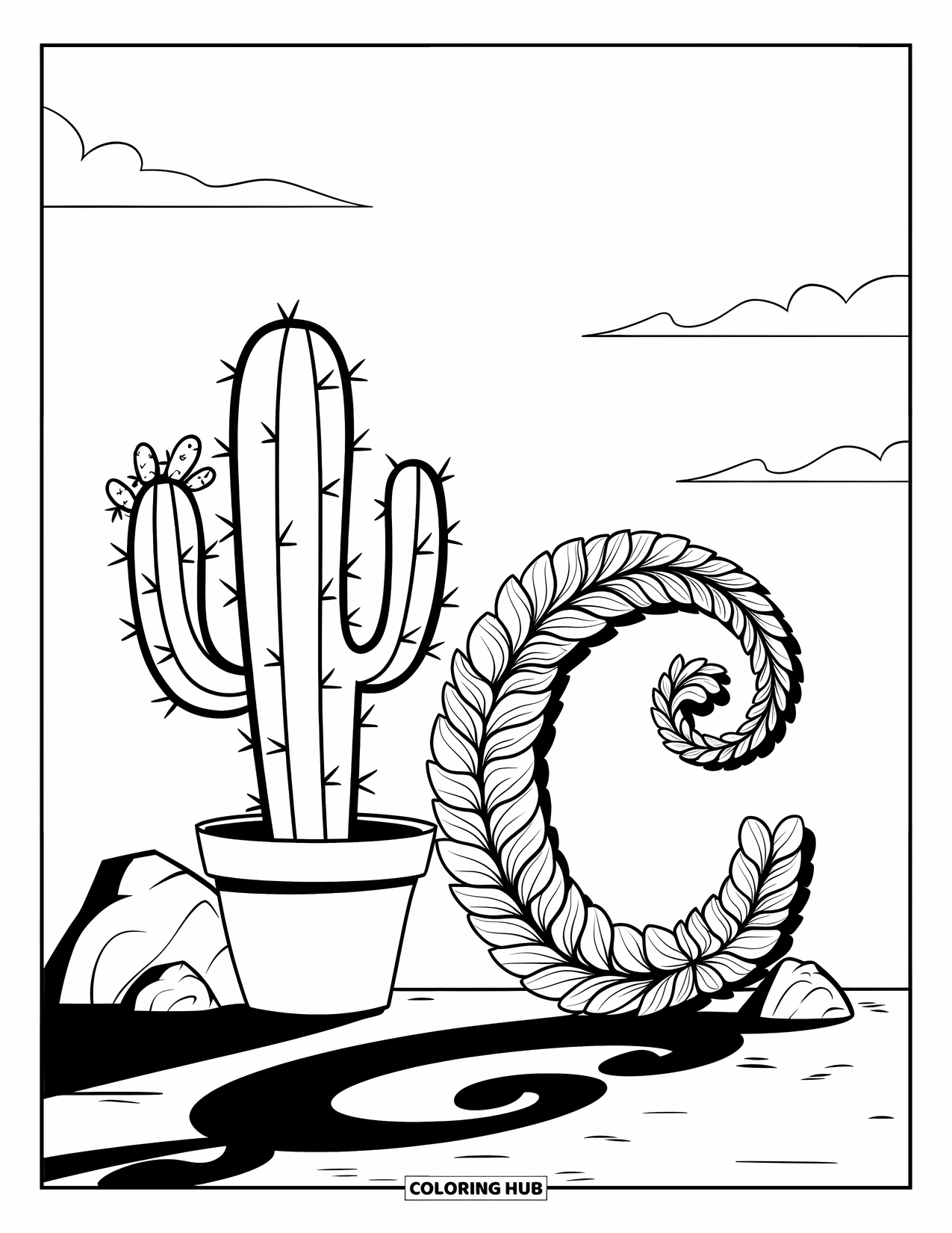 Letter C Coloring Page for Kids: Curly leafy C and cactus sit on a rock under a clear, breezy sky