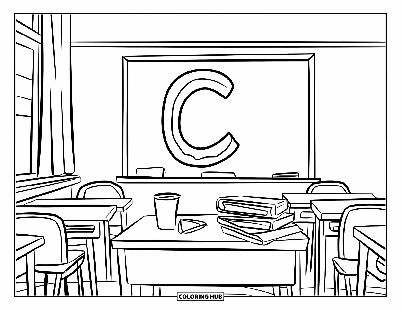 Letter C Coloring Page for Kids: Letter C is on the board in a bright classroom with books and desks