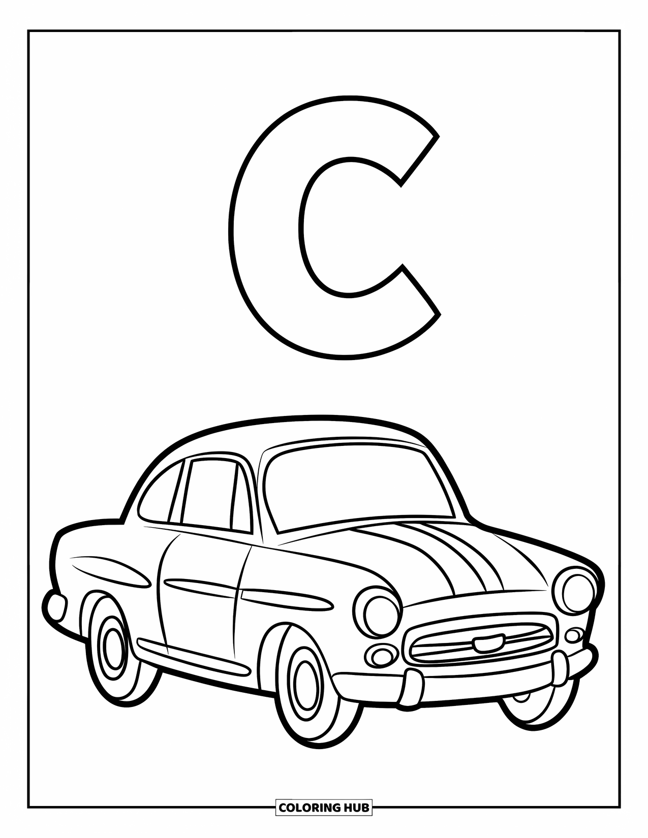 Letter C Coloring Page for Kids: Simple car with round shape rests under a bold letter C