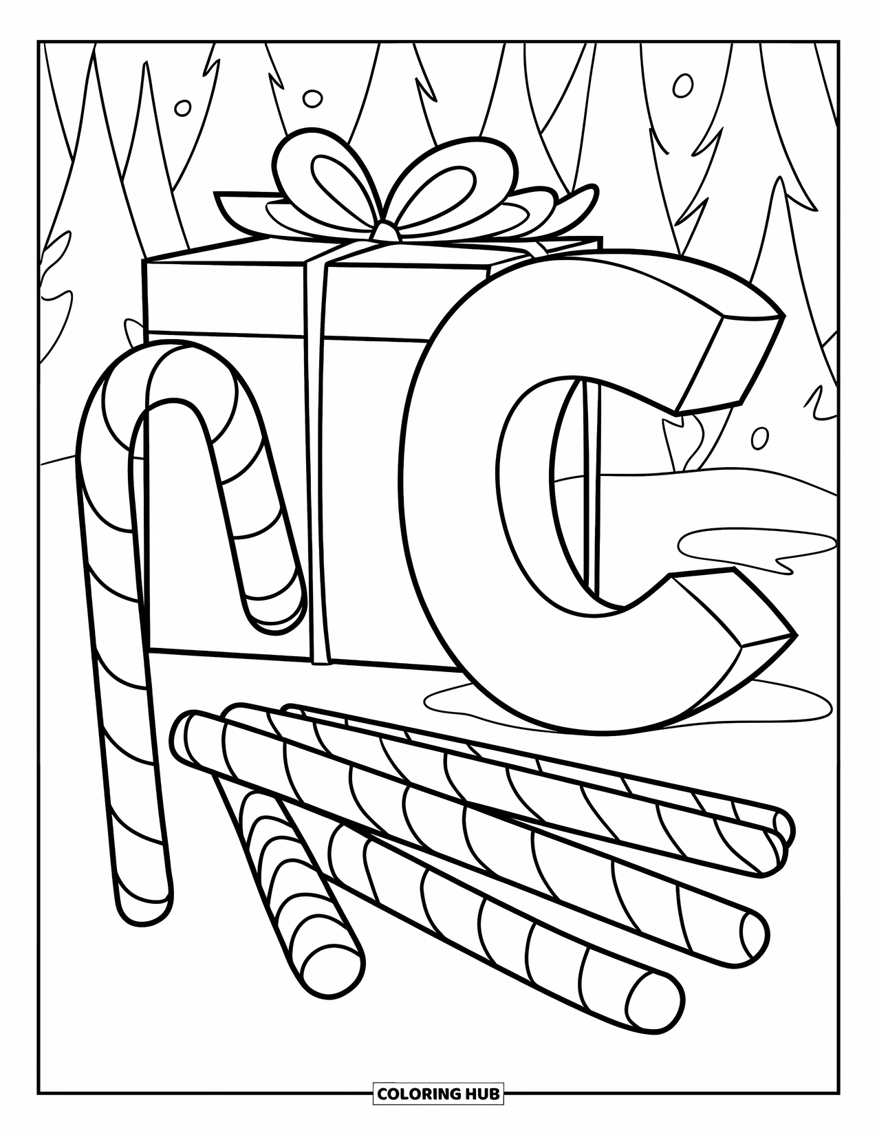 Letter C Coloring Page for Kids: Snowy trees surround a gift, candy canes, and a bold holiday letter C