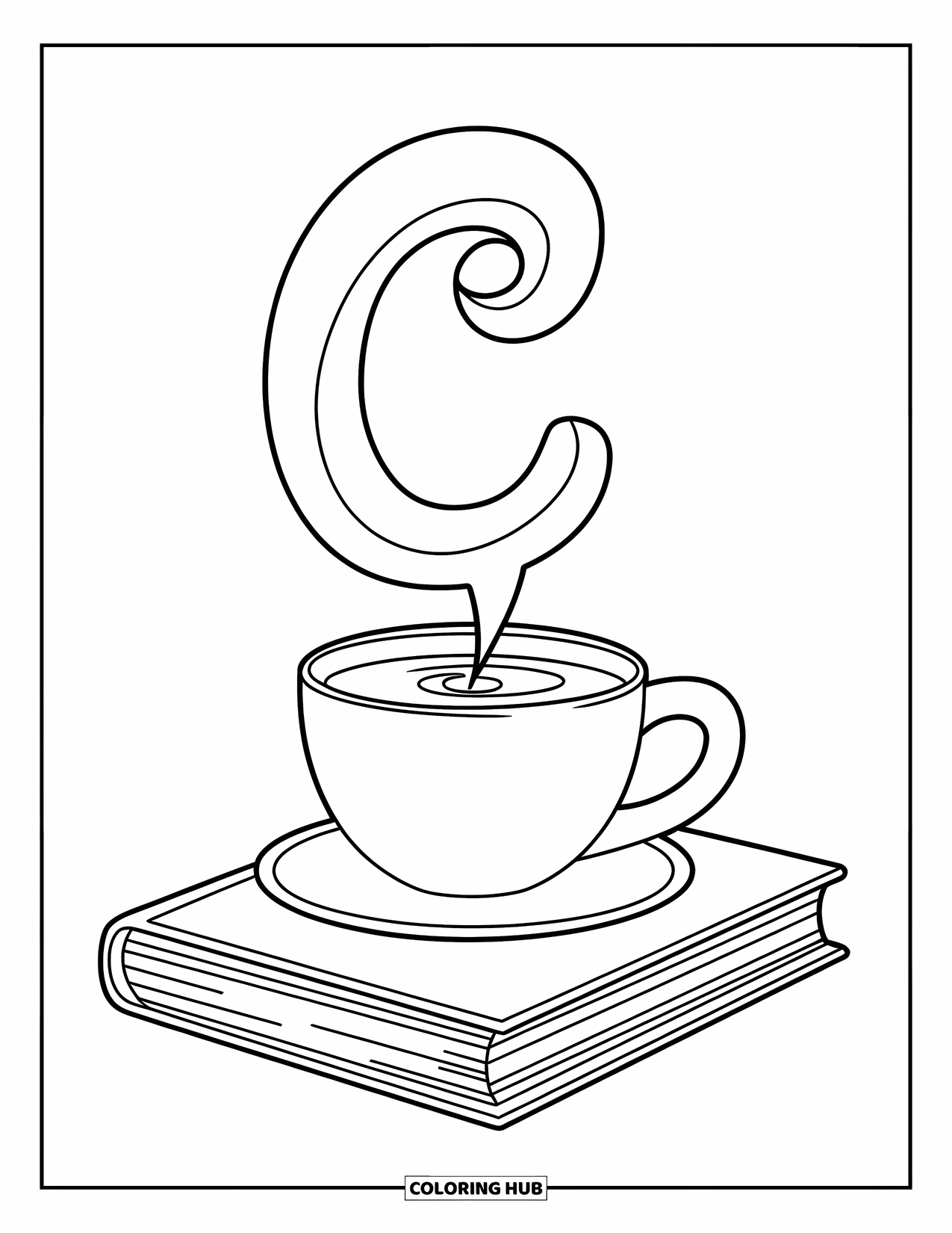 Letter C Coloring Page for Kids: Steam rises from a coffee cup, curling into the shape of the letter C