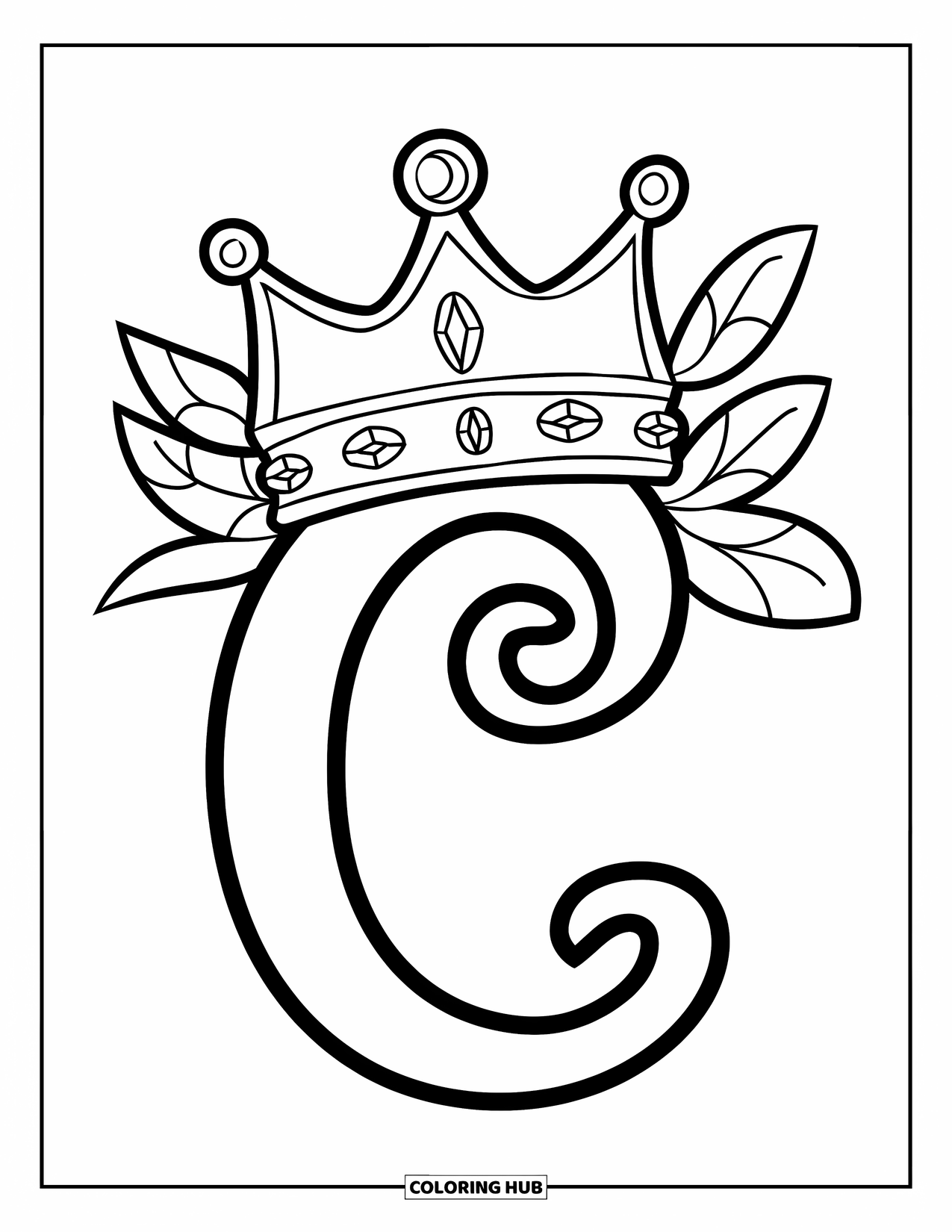 Letter C Coloring Page for Kids: Wavy uppercase C wears a leafy crown with a cheerful, playful touch