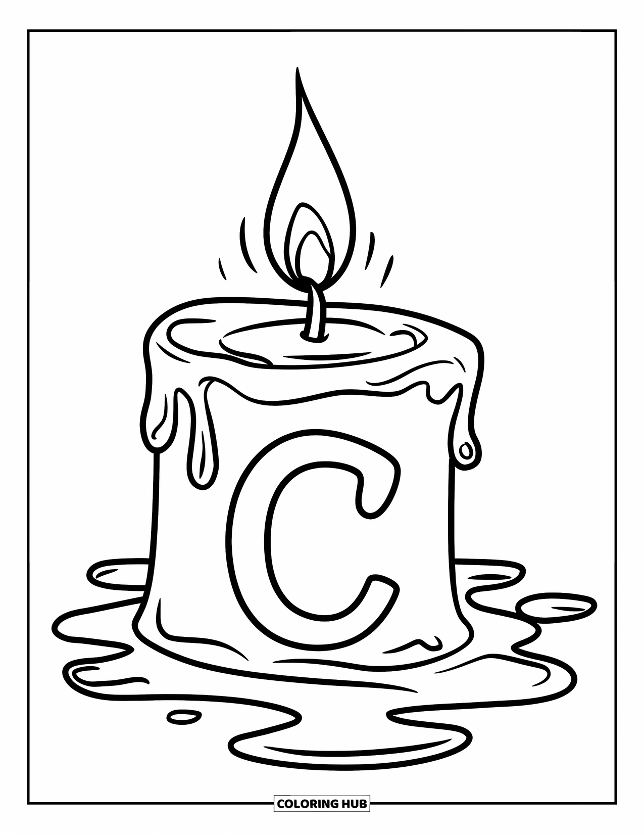 Letter C Coloring Page for Kids: Wax forms a flowing C as a candle burns beside bricks and curtains