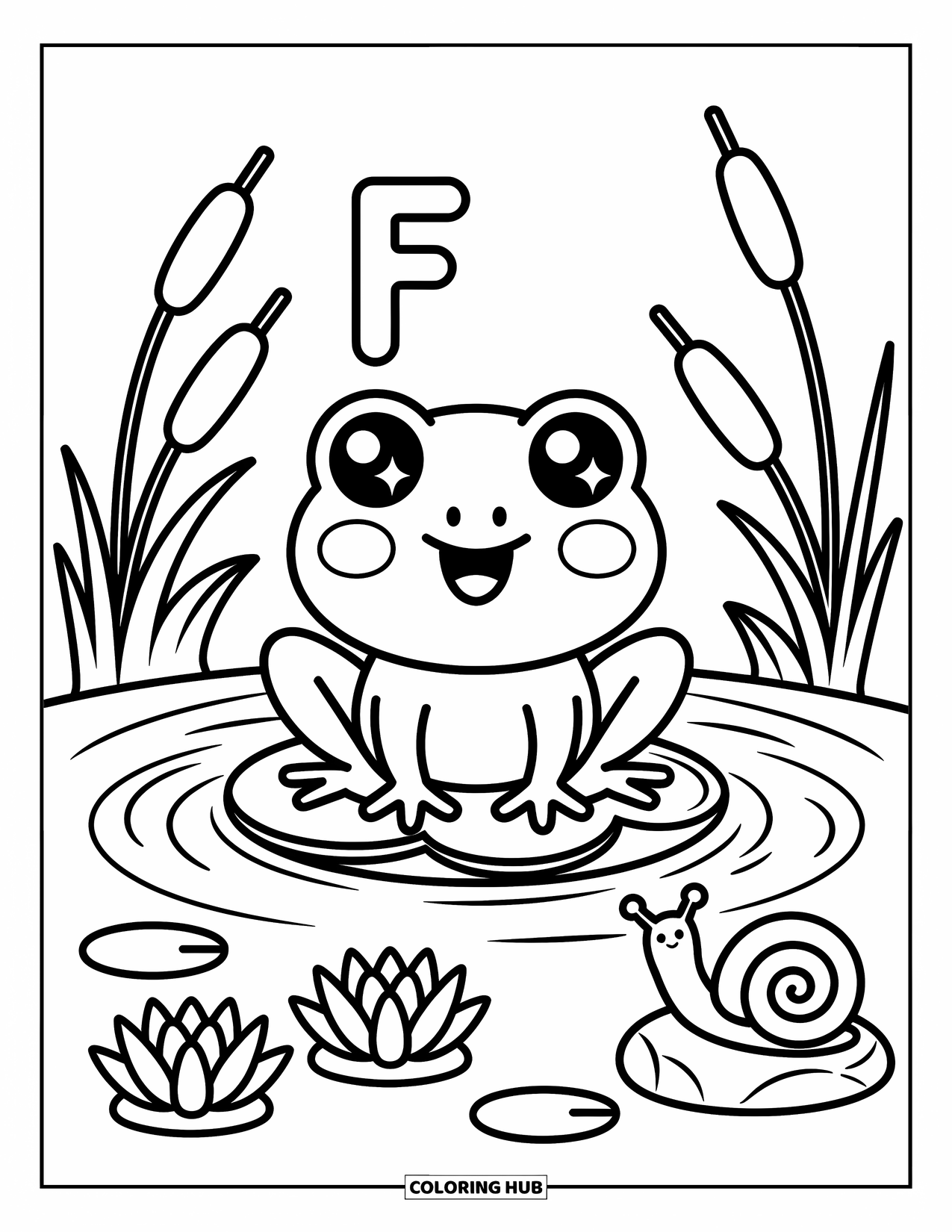 Letter F Coloring Page for Adults: A cute frog and tiny snail enjoy a calm pond beside the letter "F"