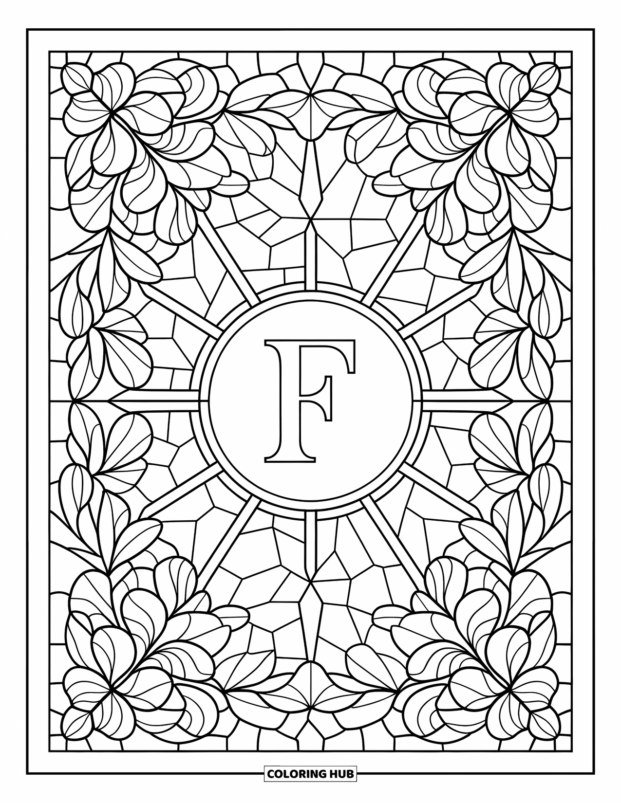 Letter F Coloring Page for Adults: A detailed stained glass pattern frames the bold letter "F"