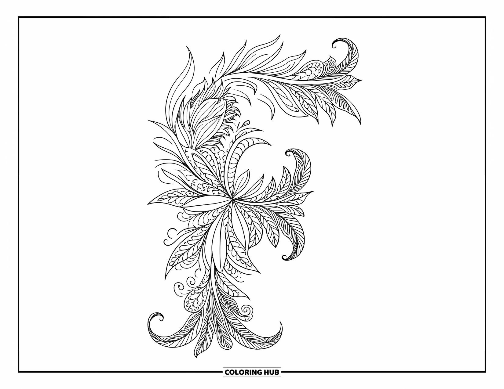 Letter F Coloring Page for Adults: A fancy letter "F" made of fire-like flowers and elegant curls