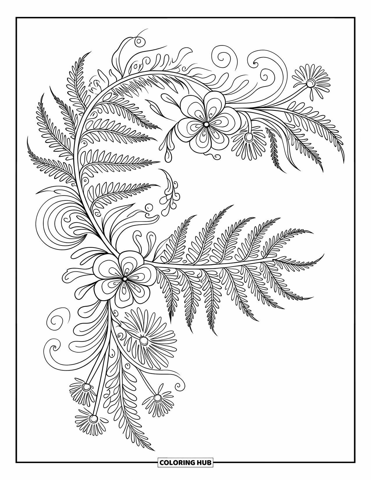 Letter F Coloring Page for Adults: A fern-filled mandala circles around a graceful "F" in the center
