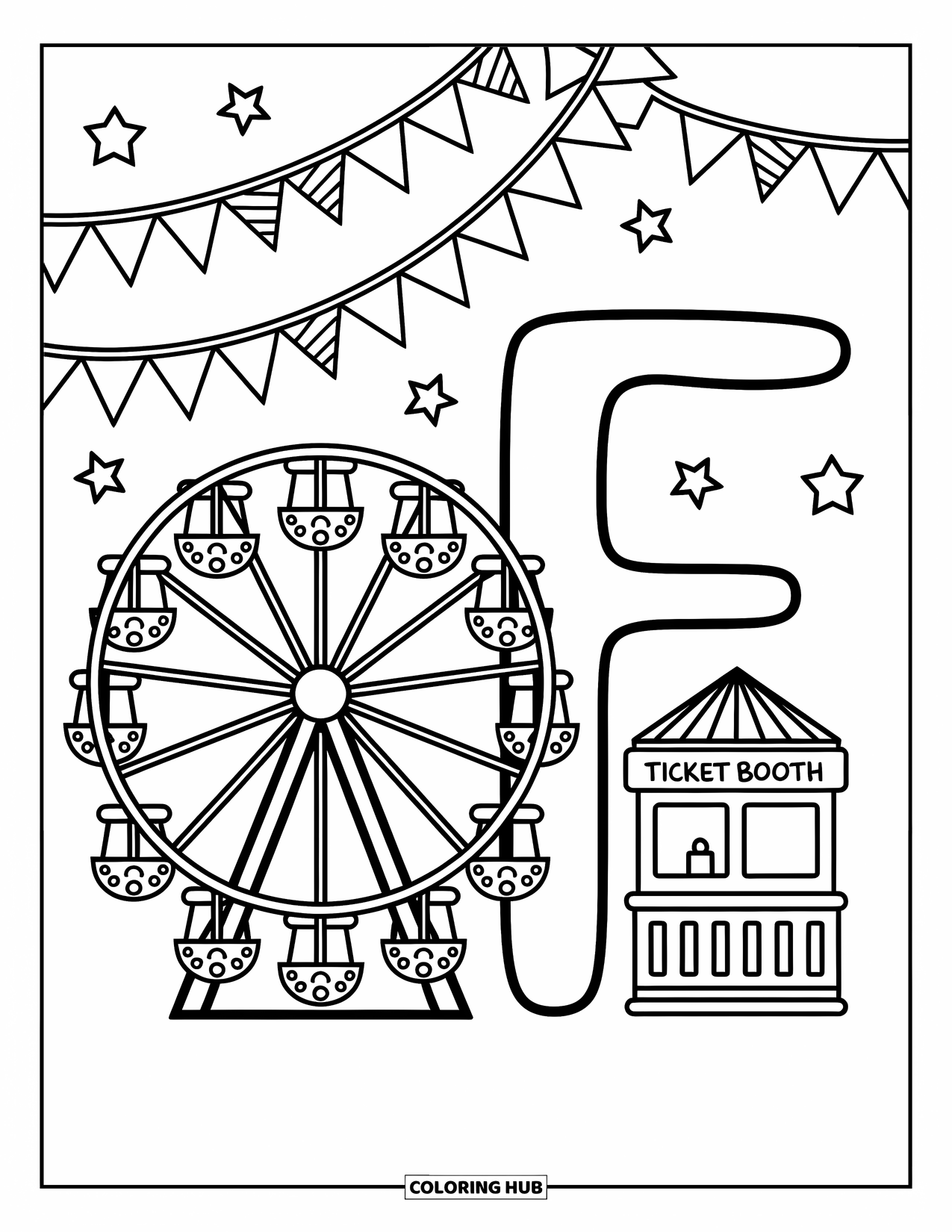 Letter F Coloring Page for Adults: A Ferris wheel with bunting and stars twirls beside the letter "F"
