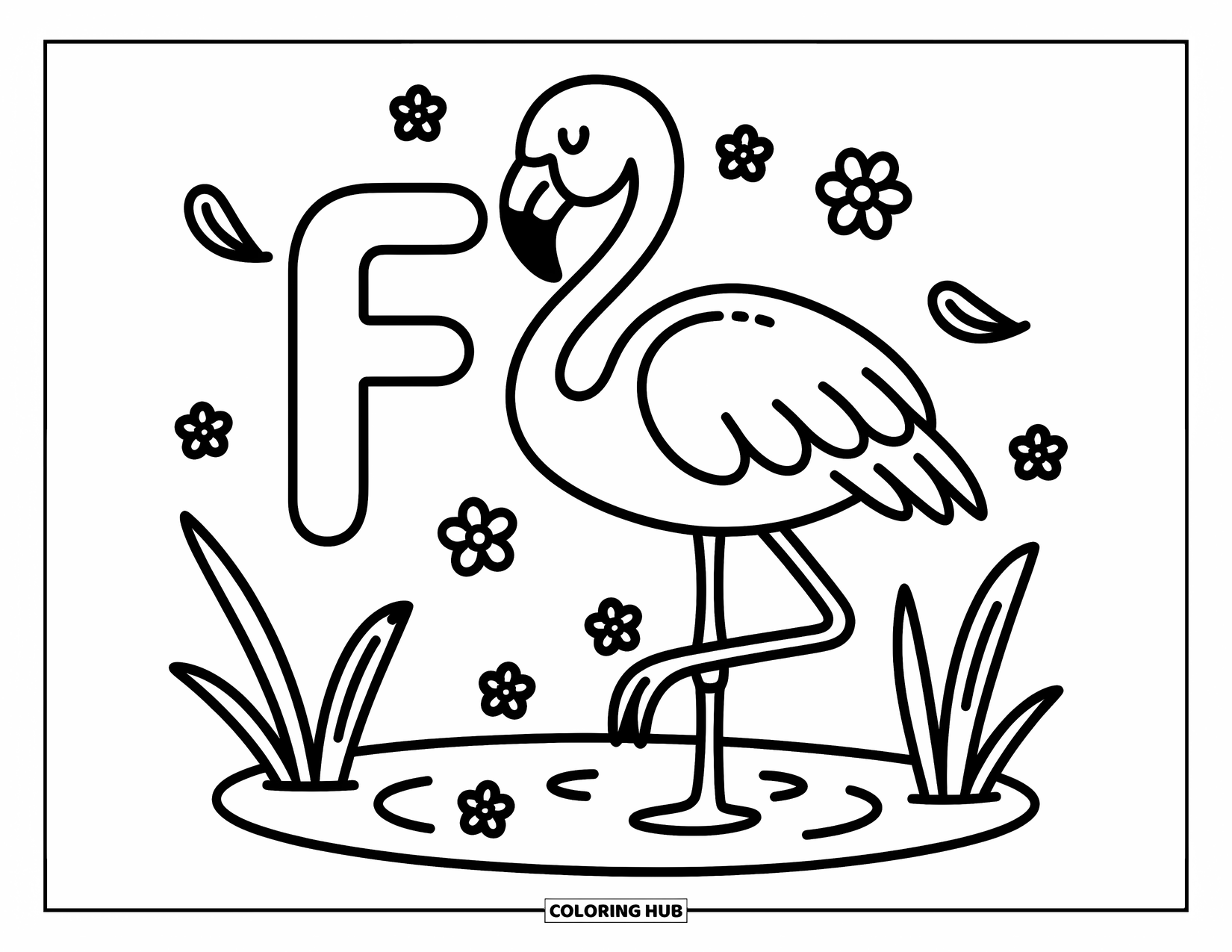Letter F Coloring Page for Adults: A graceful flamingo stands on one leg beside a calm "F"