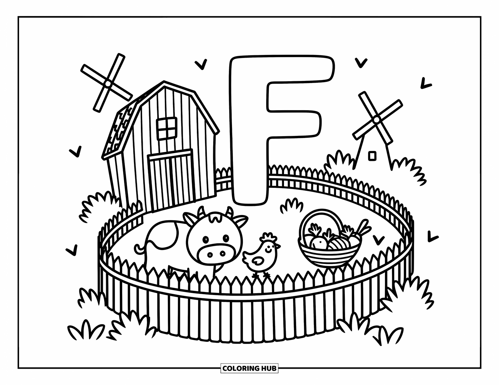 Letter F Coloring Page for Adults: A happy cow and tiny hen rest near "F" in a cozy farmyard