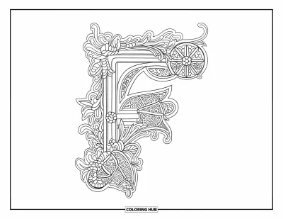 Omalovánka písmene F pro dospělé: Stylové "F" rámované gotickými ornamenty a květinovými motivy z vitráže