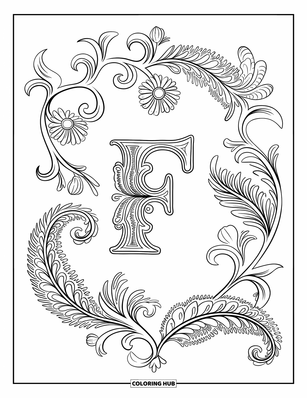 Letter F Coloring Page for Adults: An ornate letter "F" blooms within a swirling Baroque pattern of vines and feathers