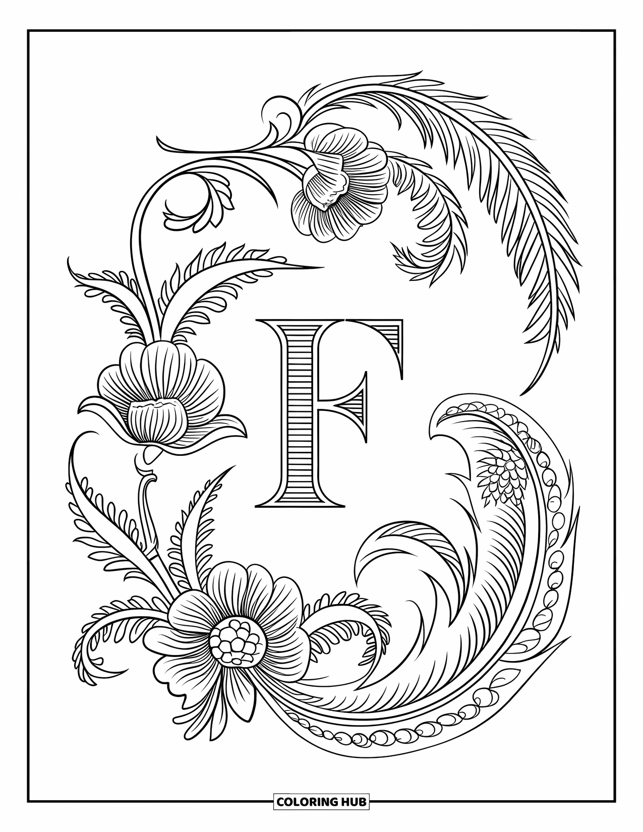 Letter F Coloring Page for Adults: Baroque vines and feathers dance around a detailed letter "F"